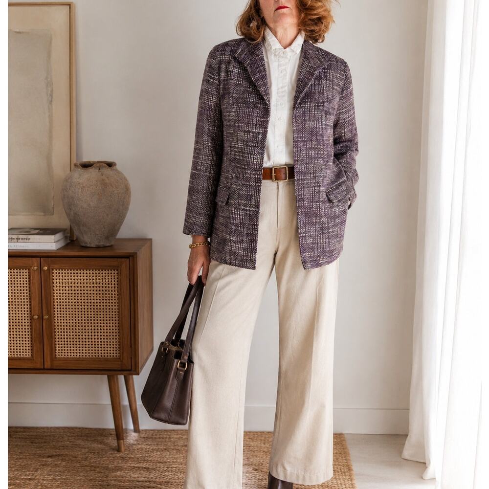 Chico's Womens Tweed Blazer Purple Size 2 (M) Longer Length Pockets Fall Fashion